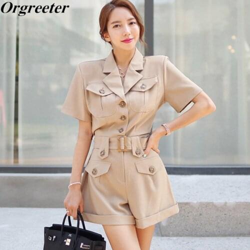 Retro Fashion England Style Jumpsuit Romper Women Pockets Front Button Playsuit Casual Short Sleeve Wide leg Overalls With Belt