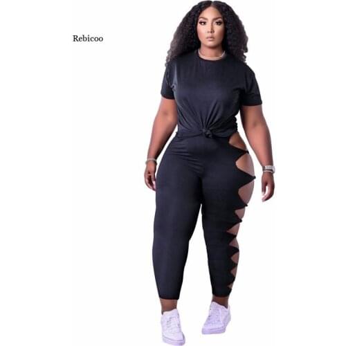 Plus Size 4Xl Women Two Piece Sets Casual Short Sleeve Hollow Out Pants Side Leggings Summer Clothing New