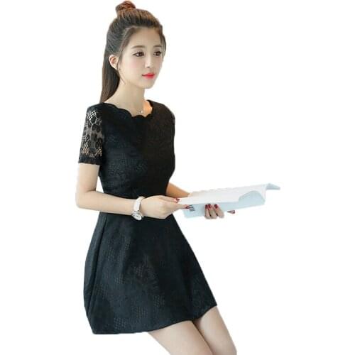 Womens Lace Dress Summer Women Korean temperament student Dress Short Sleeved Mid-length Solid color Slim Female Vestido Dress