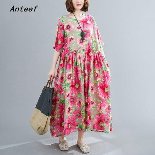 Short sleeve plus size cotton linen vintage floral dresses for women casual loose long summer beach dress elegant clothes 2021