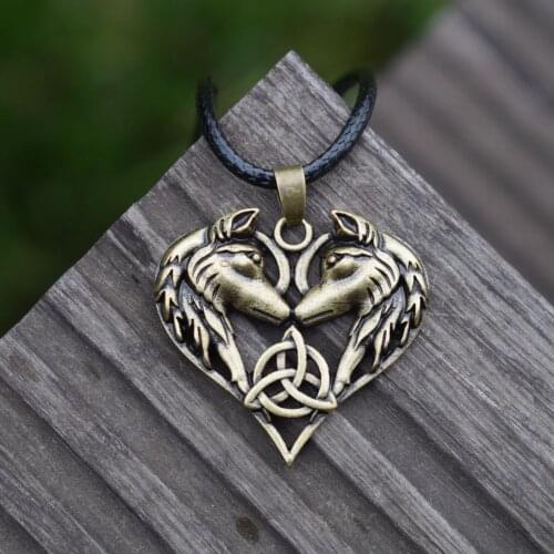 12pcs Two Wolf / Dogs Pendant Entwined Twin Soul Wolf Amulet Heart Shape with Celtic Knotwork totem spirit necklace sanlan