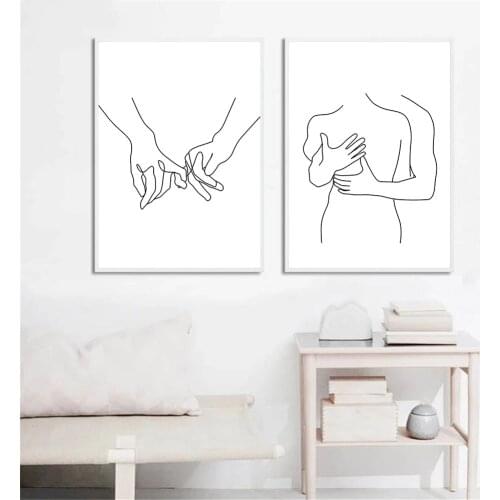 Abstract Line Drawing Prints Couple Hand In Hand Hug Canvas Painting Black And White Wall Art Poster Pictures Living Room Decor