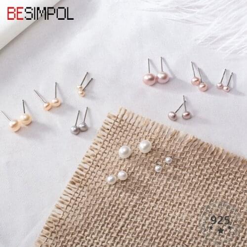 Besimpol 3 Colos Natural Freshwater Pearl Stud Earrings For Women 925 Silver Ear Stud Earrings Anti Allergy Earrings Jewelry