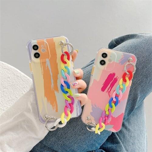 Stylish Art Graffiti Geometric Wristband Phone Case For iPhone 12 Mini 11 Pro XS MAX XR 7 8 Plus SE 20 Cute Chain Soft TPU Cover