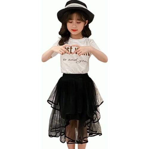 Children Summer Clothes Letter Childrens Clothes For Girls Tshirt + Mesh Skirt Girl Set Casual Style Kids Clothing 6 8 10 12 14