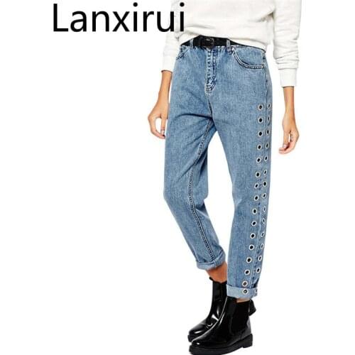 Lanxirui Bf Wind Frauen Lose Hosen Hosen Hohe Taille Jeans Knochellangen Gerade Denim Hohlen Metall Rivet Jeans Oct17