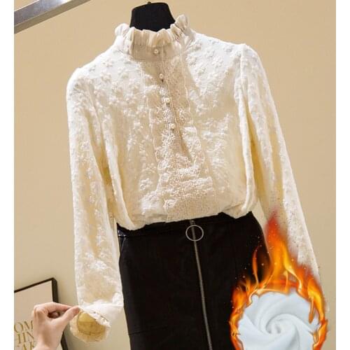 Fleece Lace Women Shirts Solid Turtleneck Long-Sleeved Warm Slim Office Lady Elegant Outwear Tops