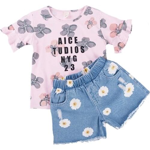 Teens Girls Summer Clothing Sets Childrens Letter T-shirts & Jeans Short Two-Piece Girl Pink White Cotton Clothes For 4-14 Y