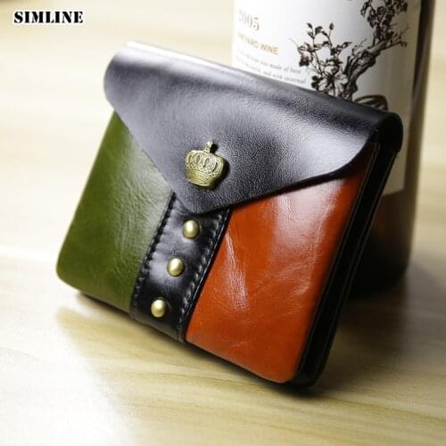 SIMLINE Genuine Leather Wallet Women Vintage Handmade Female Male Short Small Wallets Coin Purse Card Holder With Zipper Pocket