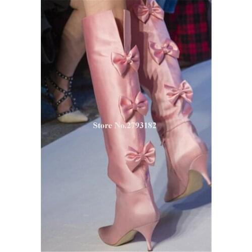 Ladies Beautiful Sequined Satin Back Bowties Decorated Knee High Thin Heel Boots Pink Purple Bow High Heel Long Boots Stage Shoe