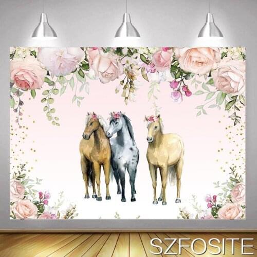 Cute Western Avisano Pony Flowers Pink Theme Party Background Girl Birthday Table Decoration Photography Photo Kids Vinyl Banner