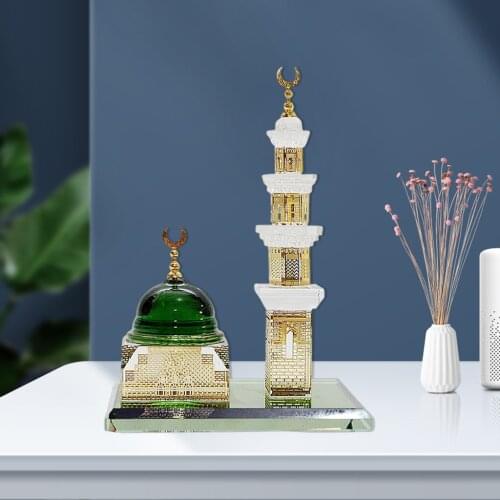 Muslim Crystal Gilded Kaaba Clock Tower Miniature Model Showpiece Islamic Architecture Craft Collections Home Vehicle Decor