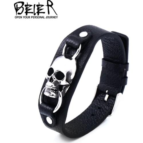 BEIER Punk style Wholesale Drop Ship Mans High Quality Genes Stainless steel Leather Bracelet Bangle For Man BC-L009