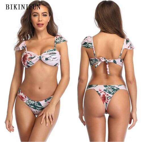 2020 New Sexy Floral Print Swimsuit Women Bow Knot Swimwear Bandeau Bathing Suit S-XL Girl Off Shoulder Beachwear Bikini Set