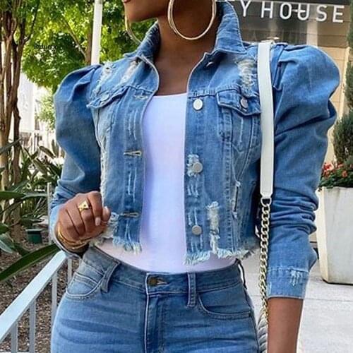 Autumn Women Sexy Ripped Denim Jackets Vintage Casual Short Jean Jacket Puff Sleeve Female Coat Streetwear Plus Size