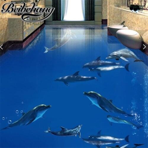 Beibehang Custom floor stickers wallpaper dolphins dance underwater world 3D stereo living room self-adhesive floor paintin