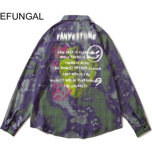 Color Block Plaid Graffiti Print Japanese Streetwear Hip Hop Shirts Men Harajuku Shirt Button vintage Blouses Long Sleeve tops