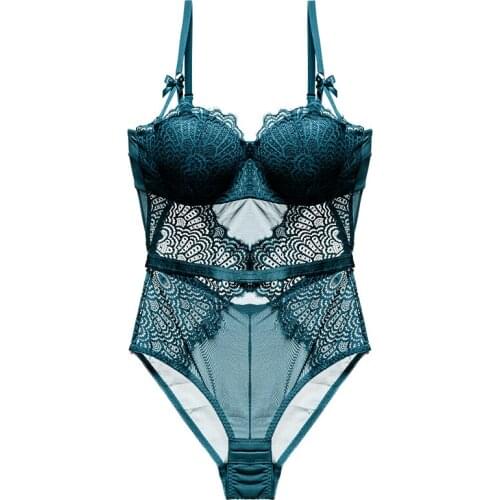 Bodysuit Women Sexy Lingerie Lace Push Up Balconette Bra Bow Decoration Underwire Peacock Feather Hollow Out Back Shaper