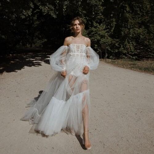 Sexy See Thru Tulle Appliques Bridal Dresses With Puff Long Sleeves Princess Boat Neck Ruffles Mesh Wedding Gowns Vestidos