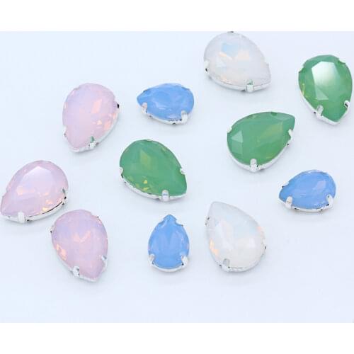 All size Silver plated Sew on glass stone white/green/pink opal sewing Flatback Crystal Rhinestone teardrop Wedding Dress jewels