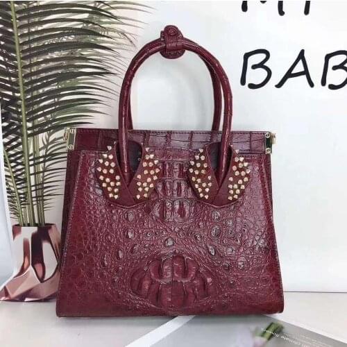 2020 AW Luxury Burgundy Genuine Alligator leather tote bag handbag fashion metal studs design handbag leather tote hand bag