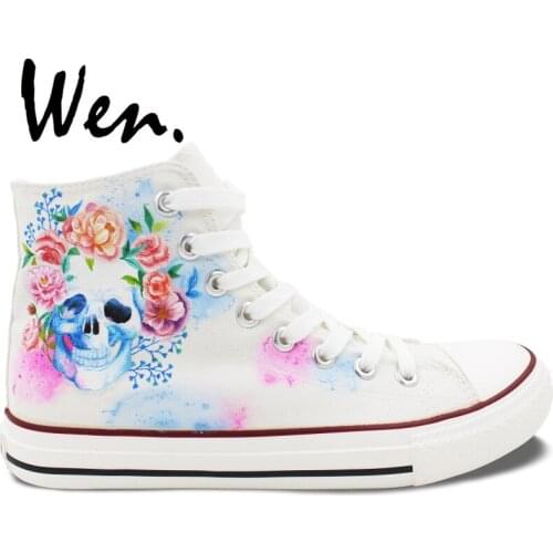 Wen White Hand Painted Shoes Design Custom Skull Colorful Flowers Floral High Top Canvas Sneakers Lace Up for Men Womens Gifts