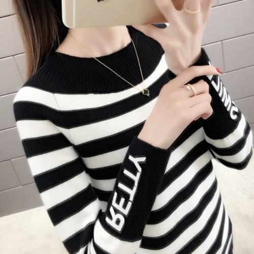 Womens Long Sleeves Bottom Blouse Spring And Autumn Winter New Korean Slim Stripe Round Neck Color Knit Sweater Lady Top Tide