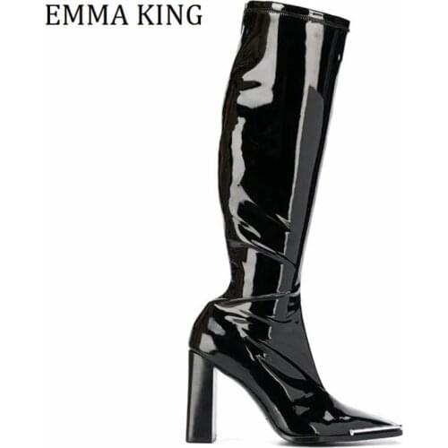 2020 Autumn Winter Women Leather Knee High Boots Square Metal Toe Chunky Heels Lady Riding Boots Female Motorcycle Bota De Mujer