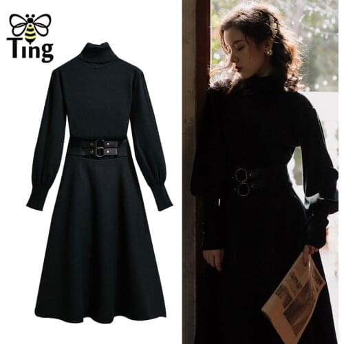 Tingfly Winter Autumn Knitting Sweater Tops & High Waist A Line Midi Skirts Women Casual 2 pcs Sets Women Sets Street Outfits