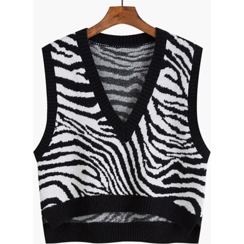 2021 Zebra Stripes Sweater Vest Women Summer Korean Knitted Sweater Vest Black Grey Casual Chic Sleeveless Jacket tank top Femme