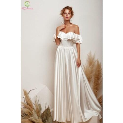 SSYFashion New Satin Evening Dress for Women Luxury Banquet Elegant White Boat Neck A-line Floor-length Long Prom Formal Gowns