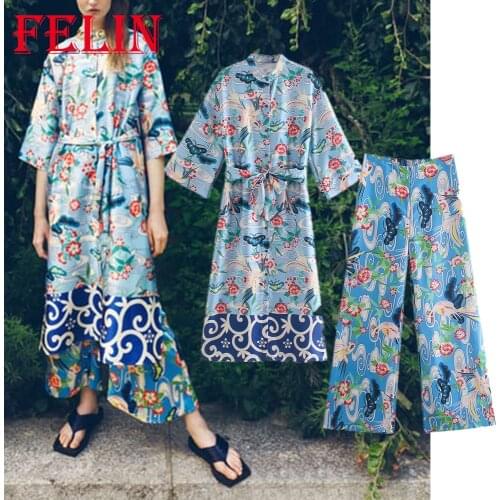 Za 2021 Chic Floral Print Boho Long Women Shirt Dress Sashes V Neck Autumn Vintage Kimono Dress Elegant Loose Mujer Vestidos