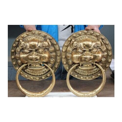 12" Chinese Brass Dog Guardion Lion Head Door knocker Gate Pair Crafts Home Furnishing Arts pure copper