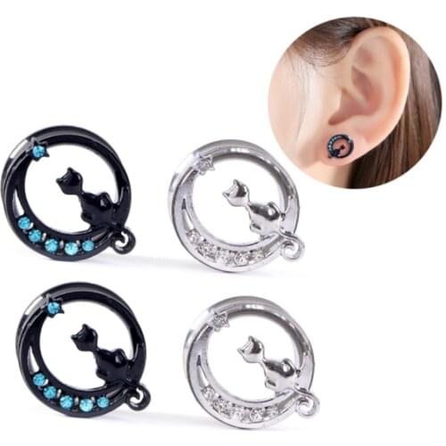 2PCS Stainless Steel Moon Ear Plug Vintage Crystal Cute Animal Cat Flesh Ear Tunnel Expansion Body Piercing Jewelry