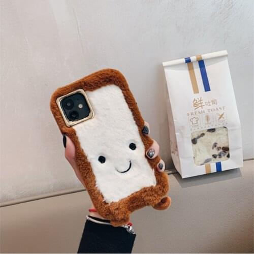 3D Ins Korea Cute Plush Toast Phone Case For X XS 11 Pro Max XR SE 2020 8 7 6 6S Plus New Fashion Warm Fur Soft Back Cover Funda