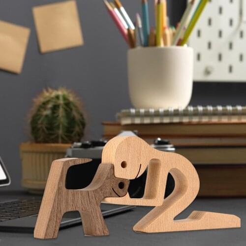 Family Dog Wood Table Ornaments Sculptures Office Home Decor Desktop Pet Figurine Dog Lover Gifts Craft Wooden Carving Handmade