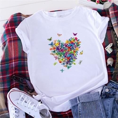 Graphic Tee Summer Women T Shirt Butterfly Heart Print T-Shirt 100% Cotton O Neck Short Sleeve Tshirt Women White Top