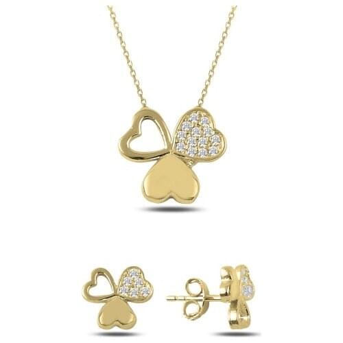 Kutaydan Zircon Stone Heart Clover Set 925 Sterling Silver Made in Turkey