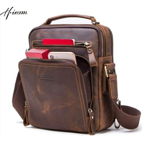 Contacts genuine crazy horse leather vintage men crossbody bag zipper messenger bags for men luxury male handbag shoulder bag