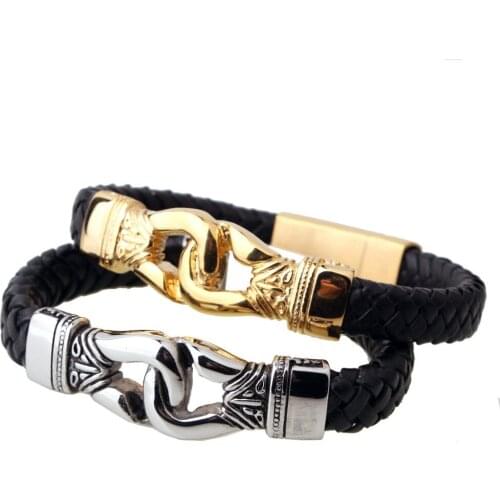 Tisnium Mens Bracelet Brown Black Braided Leather Bracelets for Men Fist design Stainless Steel Clasp Wholesale Jewelry Gift