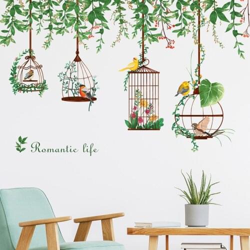 Beautiful Green Leaves Branches Birdcage Wall Stickers Summer Living Room Wall Decals Decorative Plants Stickers Home Decoration