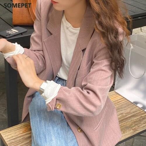 Office Lady Notched Collar Women pink Blazer Spring Autumn Jacket Casual Female Suits Coat Outerwear