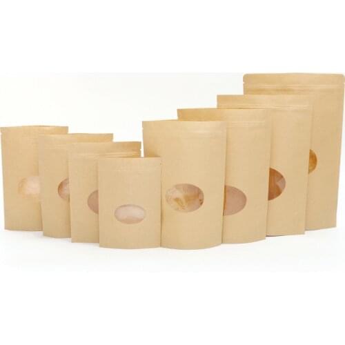 Wholesale 100pcs Brown Ziplock Kraft Paper Oval Window Bags Gift Packaging Bags For Foods Candy Coffee Ziplock Bag Free Shipping
