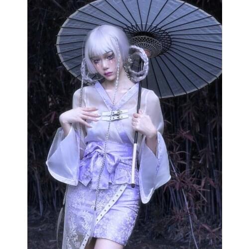 Original Design Dobby Chinese Japanese Design Kimono Bow Tie Waist Long Flare Sleeve Dress Organza Dress Set Purple Vestidos