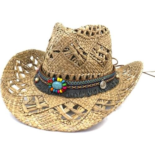 QBHAT Natural Salt Grass Handmade Crochet Straw Hat Breathable Western Cowboy Cowgirl Beach Cap Large Brim Travel Sun Hat