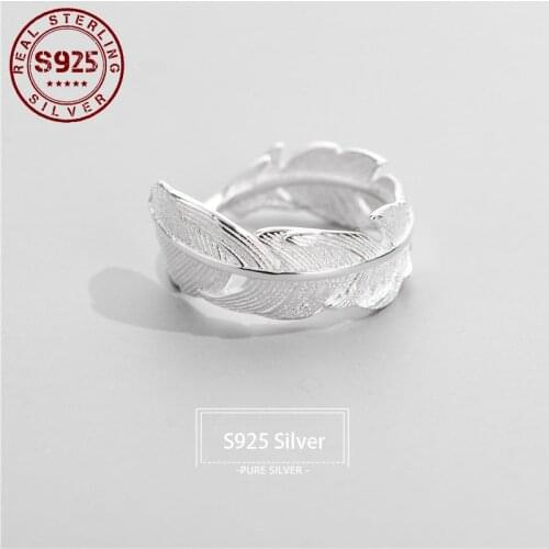 Real 925 Sterling Silver Ring for Women Feather Open Resizable Women Silver Ring Exquisite Party Silver 925 Jewelry