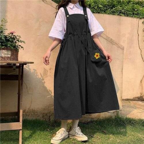 Sleeveless Dress Set Women and Short Sleeve Shirt Students BF Fashion Summer Ladies Black Japanese Style Harajuku Kawaii Y170
