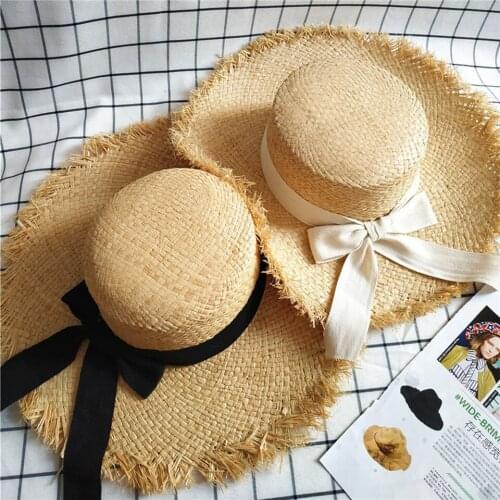 Handmade Women Straw Sun Hats Large Wide Brim 9-11CM Gilrs Natural Raffia Panama Flat Top Beach Straw Sunhat Caps For Holiday
