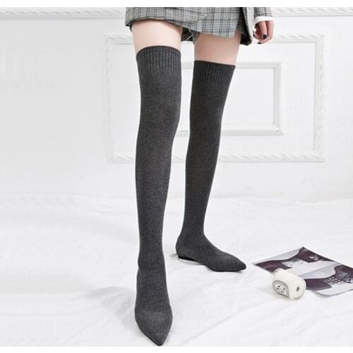 Thigh High boots women slim leg stretch stockings shoes brand design pointy toe flats knitting wool over knee long socks booties