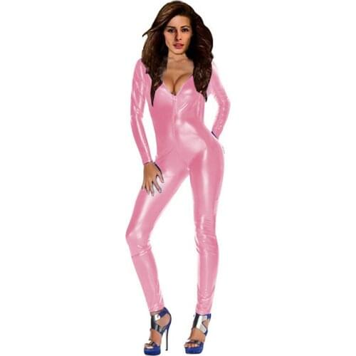 Sexy Nightclub Skinny Jumpsuit Deep V-neck Long Sleeve Bodysuit Women Pole Dance Catsuit Bodycon Faux Leather Metallic Clubwear